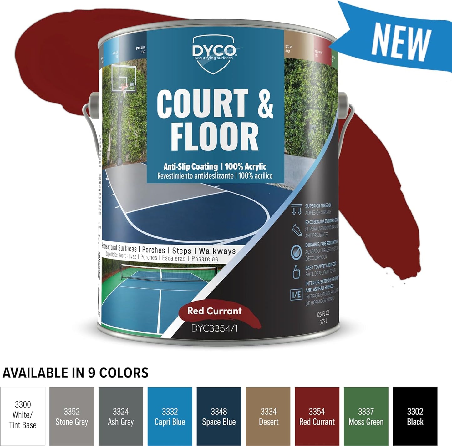 DYCO Court & Floor Anti-Slip Coating - Slip-Resistant Pavement, Cement & Concrete Paint for Pickleball, Tennis & Basketball Courts, Exceeds ADA Standards for Safety Areas (Red Currant, 1 Gallon)