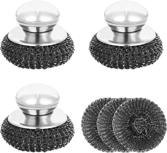 6Pcs Steel Wool Scrubber, Stainless Steel Scrubber with Handle for Cleaning Kitchen and Household Stubborn Messes from Stoves Pans Pots Grill Sink with Replacement Wire Brush Set (3 Pcs+3 Replacement)