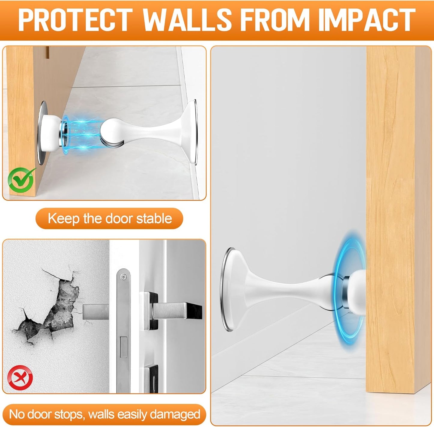 Crosize Magnetic Door Stoppers 6 Pack, Stainless Steel Door Catch for Wall and Floor Mounting, Door Holder Keep Door Open, No Drilling Door Stop with Adhesive Tapes, White