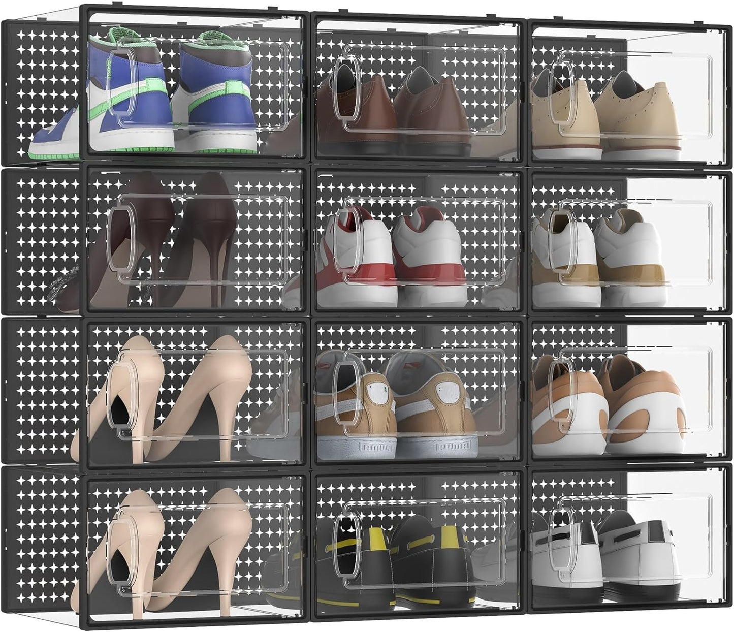 12 Pack X-Large Modular Clear Plastic Stackable Shoe Storage Organizer for Closet, Space Saving Versatile Sneaker Shoe Rack Containers Bins Holders, Portable Closet Organizers and Storage, Black02