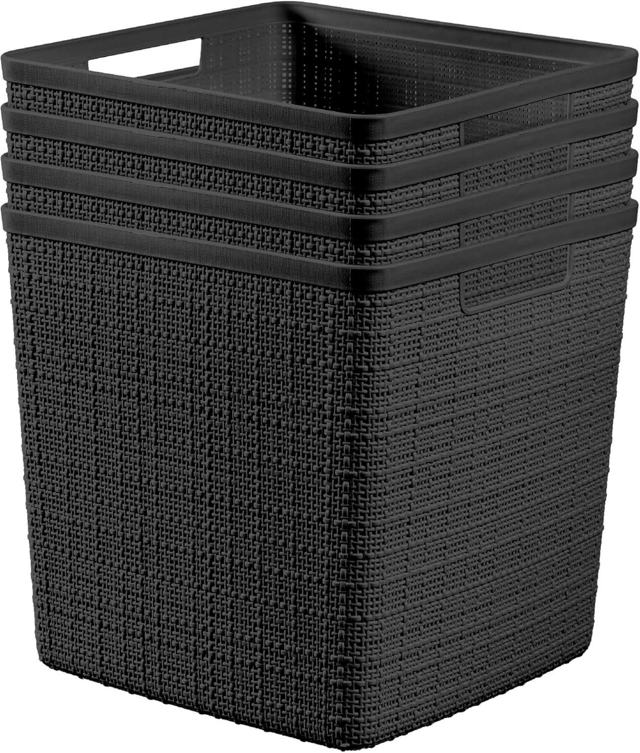 Curver Set of 4 Jute Large Cube Decorative Plastic Organization and Storage Baskets, Perfect Bins for Home Office, Closet Shelves, Kitchen Pantry and All Bedroom Essentials, Black