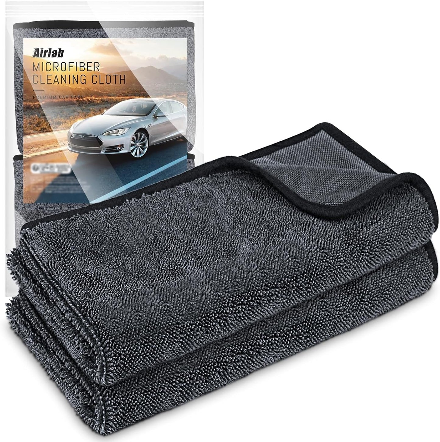Airlab Microfiber Towels for Cars Wash Drying Super Absorbent Cleaning Cloth Auto Detailing Ultra Soft, Lint-Free, Streak-Free, 24 x 16 Inch, Pack of 2, Grey-Black, 600 GSM