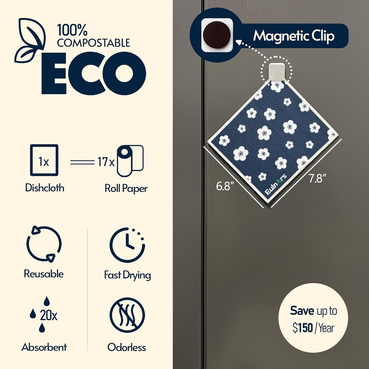 Swedish Dishcloths for Kitchen, 8 Pack Japanese Pattern Reusable Paper Towels with Clips, Non-Scratch Swedish Dish Towels, Super Absorbent Cellulose Dish Cloths, No Odor