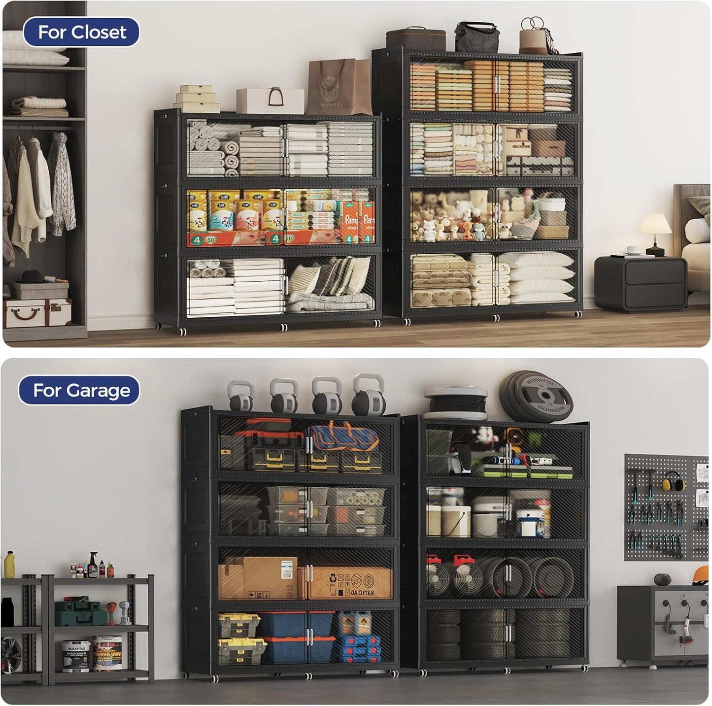 150GAL Extra Large Storage Bins with Lid, 600QT Collapsible Organizer with Wheels, Stackable Closet Cabinet with Doors, Folding Storage Containers for Home, Office, Dorm, 3Pack Black