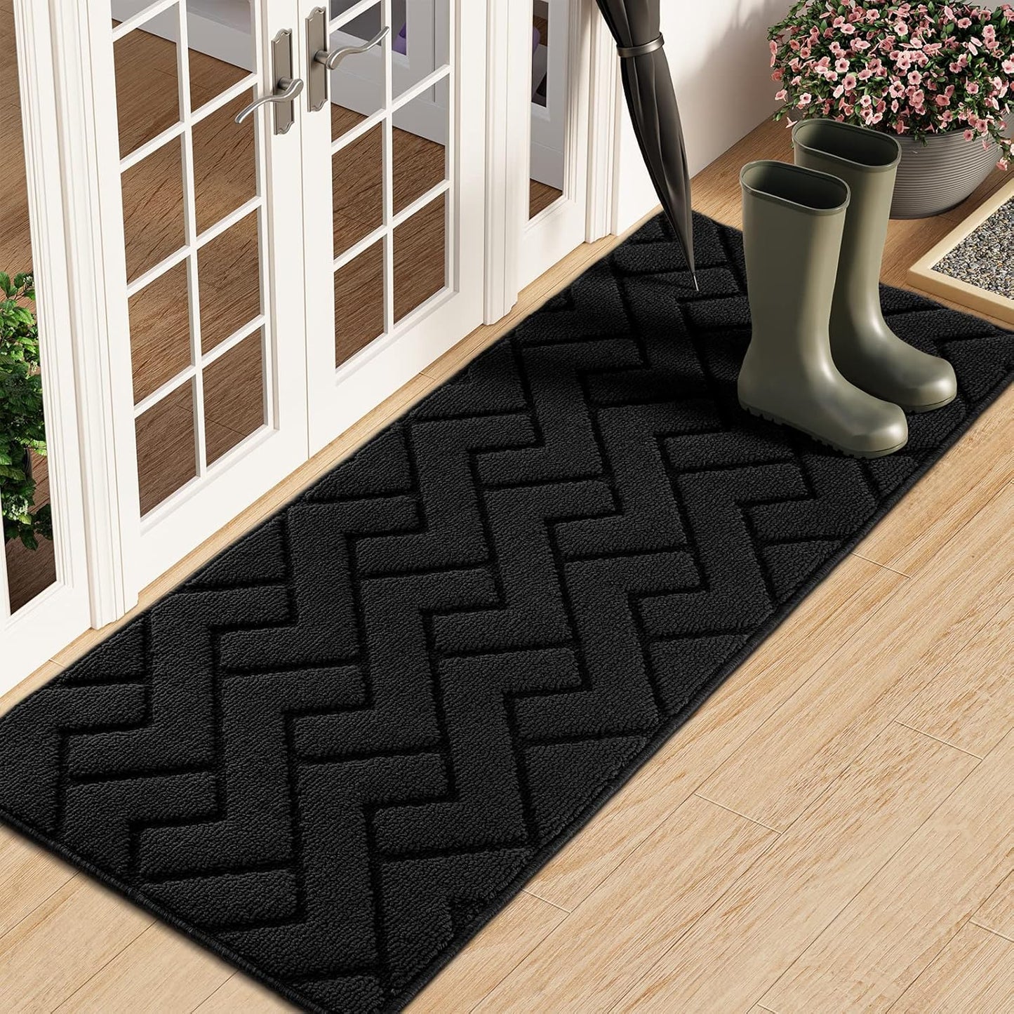 hicorfe Indoor Doormat,Front Back Door Mat Rubber Backing Non Slip Door Mats 20"x59" Absorbent Resist Dirt Entrance Doormat Inside Floor Mats Entryway Washable Low-Profile for Patio,Garden(Black)