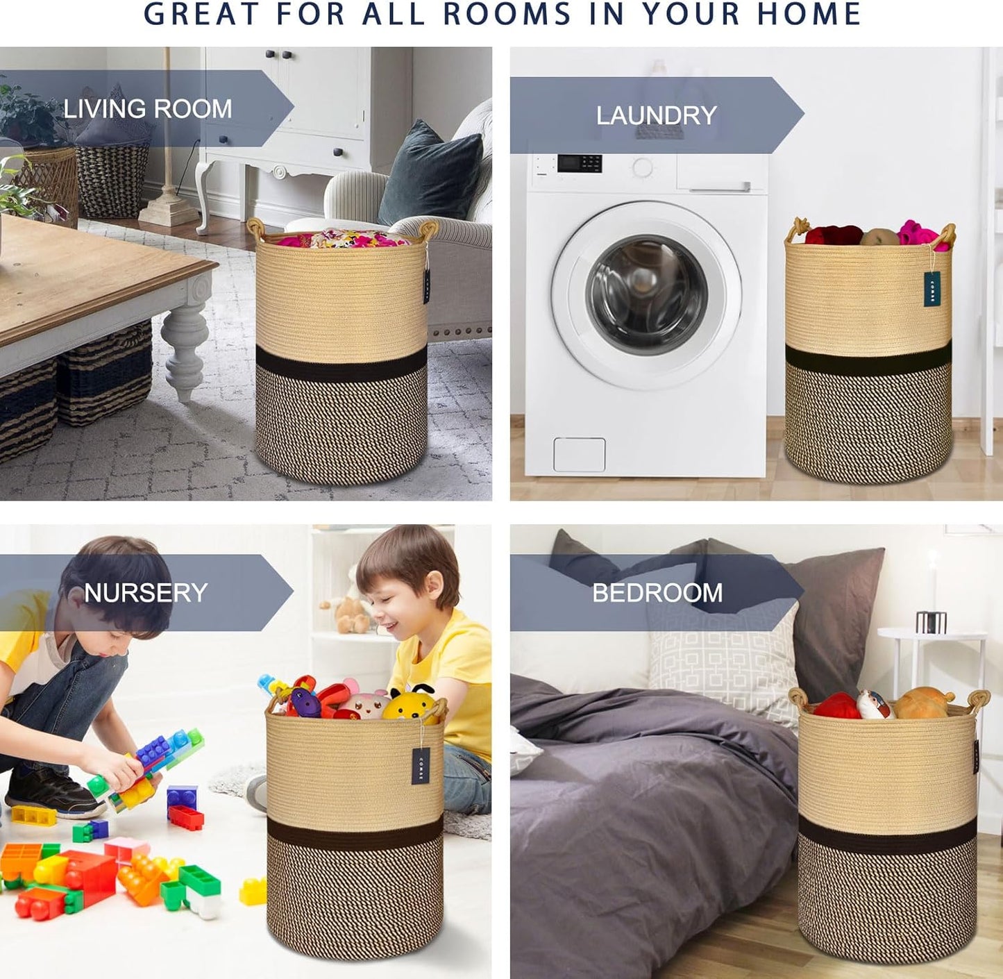 COMSE Extra Large Blanket Basket, Tall Woven Storage Basket, Nursery Hamper, 15.7”x 21.7”, Cotton Rope Laundry Hamper for Toys Clothes Towels, Blend Brown/Black