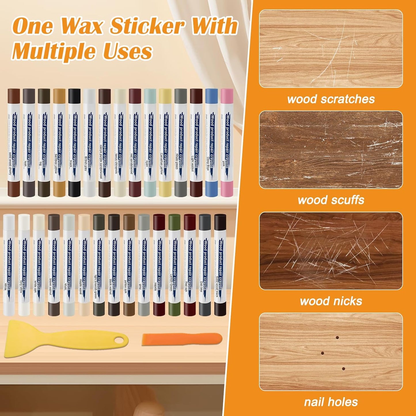 30+2P Wood Filler Sticks, Windspeed 30 Colos Wood Filler Putty Wax Crayons Furniture Repair Kit Putty Stick for Baseboard Cabinets Furniture Floors(with 2 Scrapers)