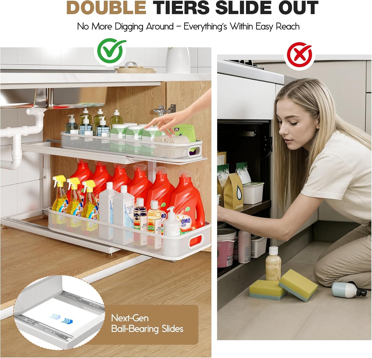 2-Pack 21.3 IN Depth Under Sink Organizer With Next-Gen Ball-Bearing Slides,Sophisticated Mesh 2-Tier Pull Out Shelf for Kitchen & Bathroom,Fits Small Items-White(Patented)