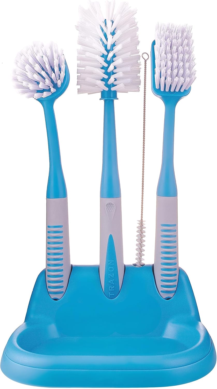 Dish Brush Set of 5 with Convenient Holder, Bottle Water Brush, Dish Scrub Brush, Scrubber Brush and Straw Brush - Kitchen Scrub Brushes Non Slip Long Handle for Sink Dishes Cup Pot