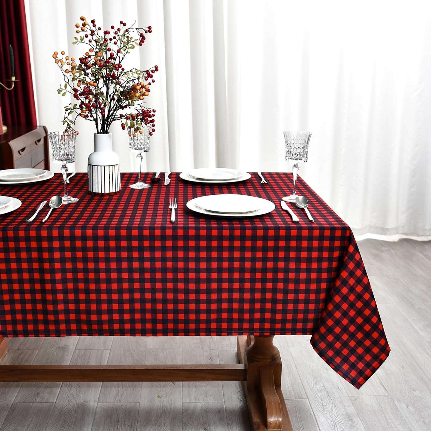 Gingham Xmas Tablecloth Fabric - Oblong 58x120 Water Resistant Christmas Plaid Table Cloth for Indoor/Outdoor Use - Red Tabletop Cover Perfect for Birthday, Picnics, Gardens