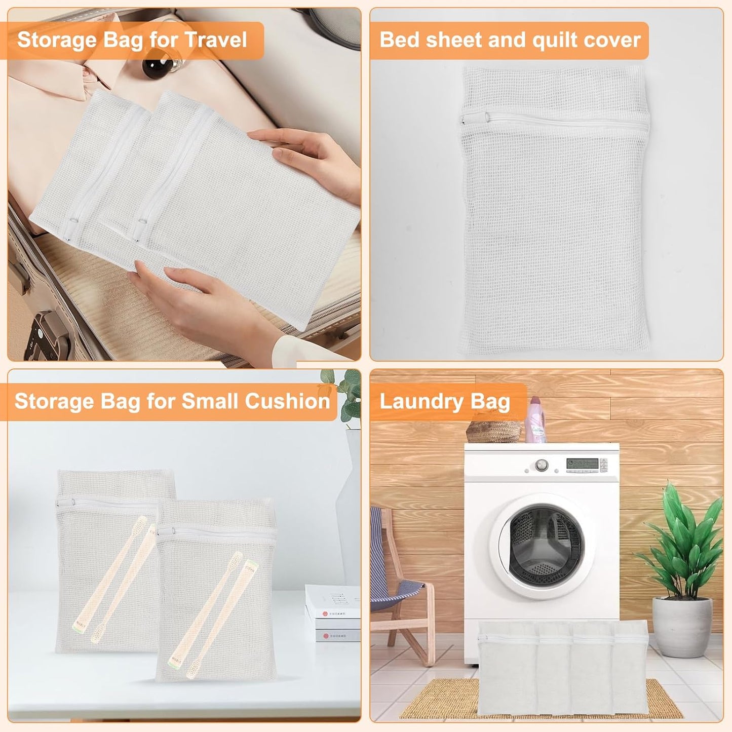 4 Piece White Small, Durable Organic Cotton Mesh Laundry Bag with Strong Zipper and Breathable Mesh, Delicate Laundry Bag for Underwear, Clothes, Pants and Socks