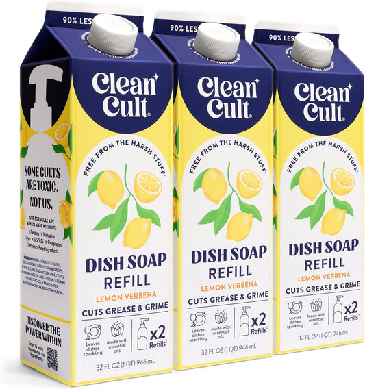 Cleancult Dish Soap Liquid Refills - Plant Based Cleaning Power - Cuts Grease & Grime - Free of Harsh Chemicals - Uses 90% Less Plastic - Lemon Verbena - 32 oz/3 Pack