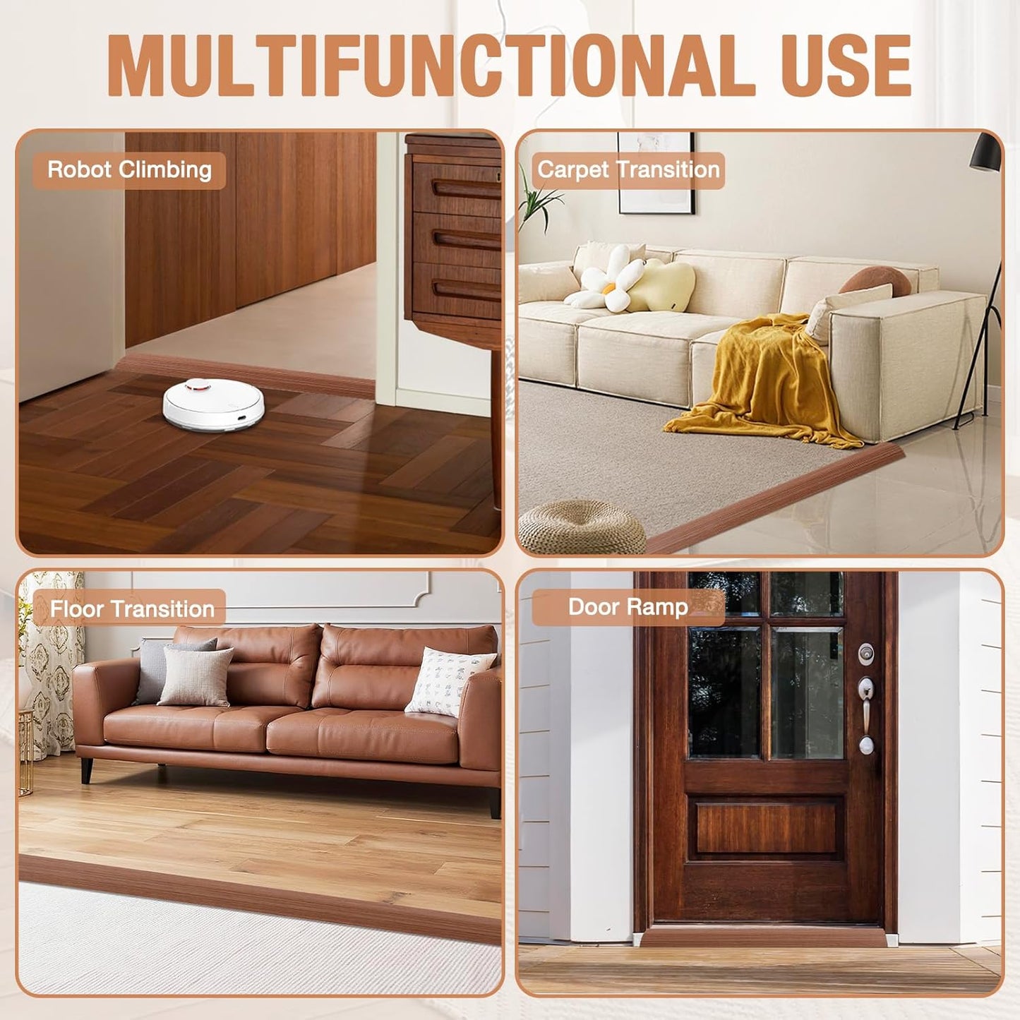 Floor Transition Strip Self Adhesive Vinyl Door Threshold for Doorways Carpet Edging Trim Overlap Edge Reducer for Laminate Floor, Carpet, Tile (Light Brown Wood Grain, 1/5" to 2/5", 6.6Ft)