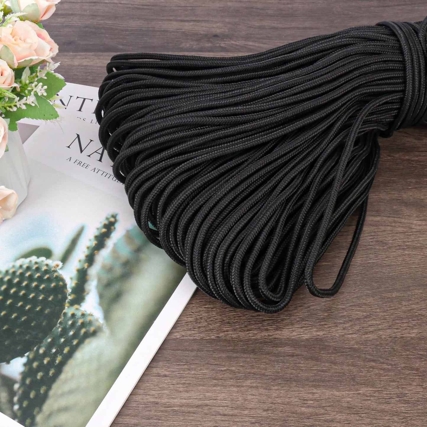500 Feet 1/4 Inch Black Polyester Rope, 6 mm Polypropylene Utility Rope for Kayaking, Camping, Home Decor