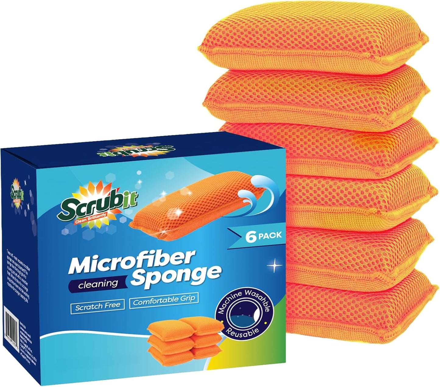 Commercial Miracle Microfiber Kitchen Sponge by Scrub-It - Large - Non-Scratch Heavy Duty Dishwashing Cleaning sponges- Machine Washable- (Orange, 6 Pack)