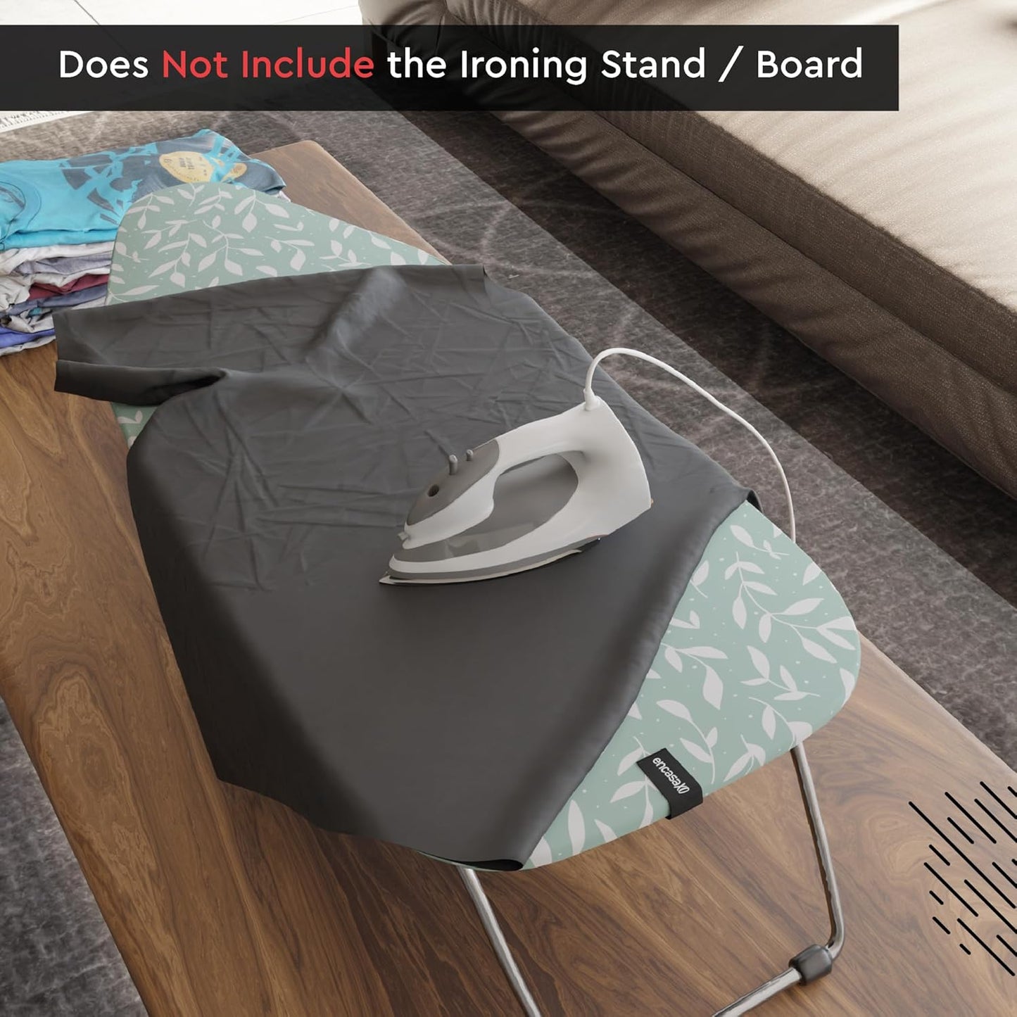 Encasa XO Ironing Board Cover and Pad 28"x12" - Thick 3mm Felt Padding, Drawstring Tightening & Lock, Easy Fit, Scorch & Stain Resistant, Fits Mini Ironing Board - Green Leaflet