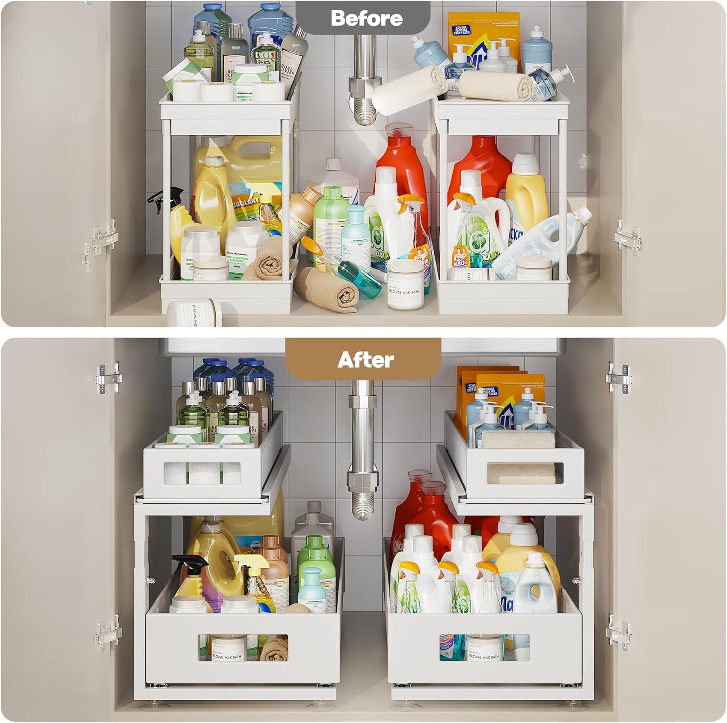 2 Pack 21.3IN-Depth Under Sink Organizer With Next-Gen Ball-Bearing Slides,2-Tier Pull Out Cabinet Storage,Height Adjustable Drawer Shelf for Bathroom,Kitchen,Laundry,Cabinet,Pantry-White