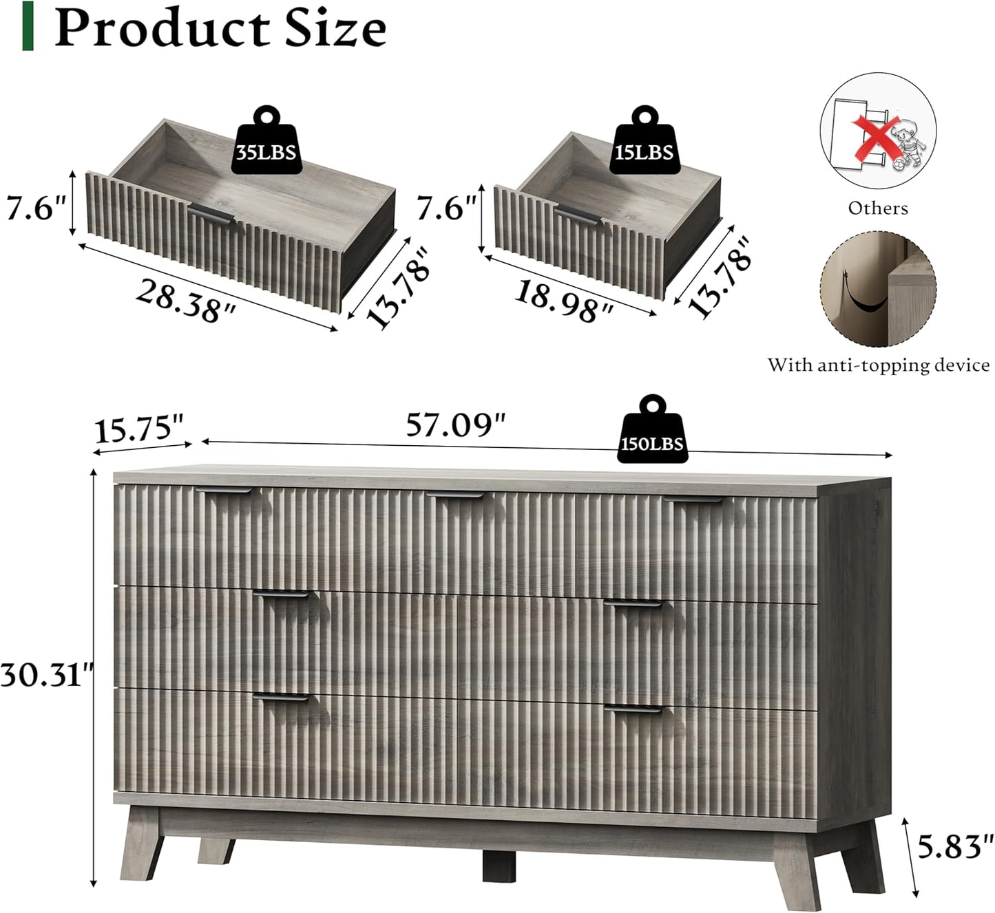 Fluted Dresser with 7 Drawers, 58" Wide Modern Chest of Drawers with Metal Handle, Wooden Dresser TV Stand, Wood Closet Clothes Storage Organizer for Bedroom, Living Room, Hallway, Light Grey