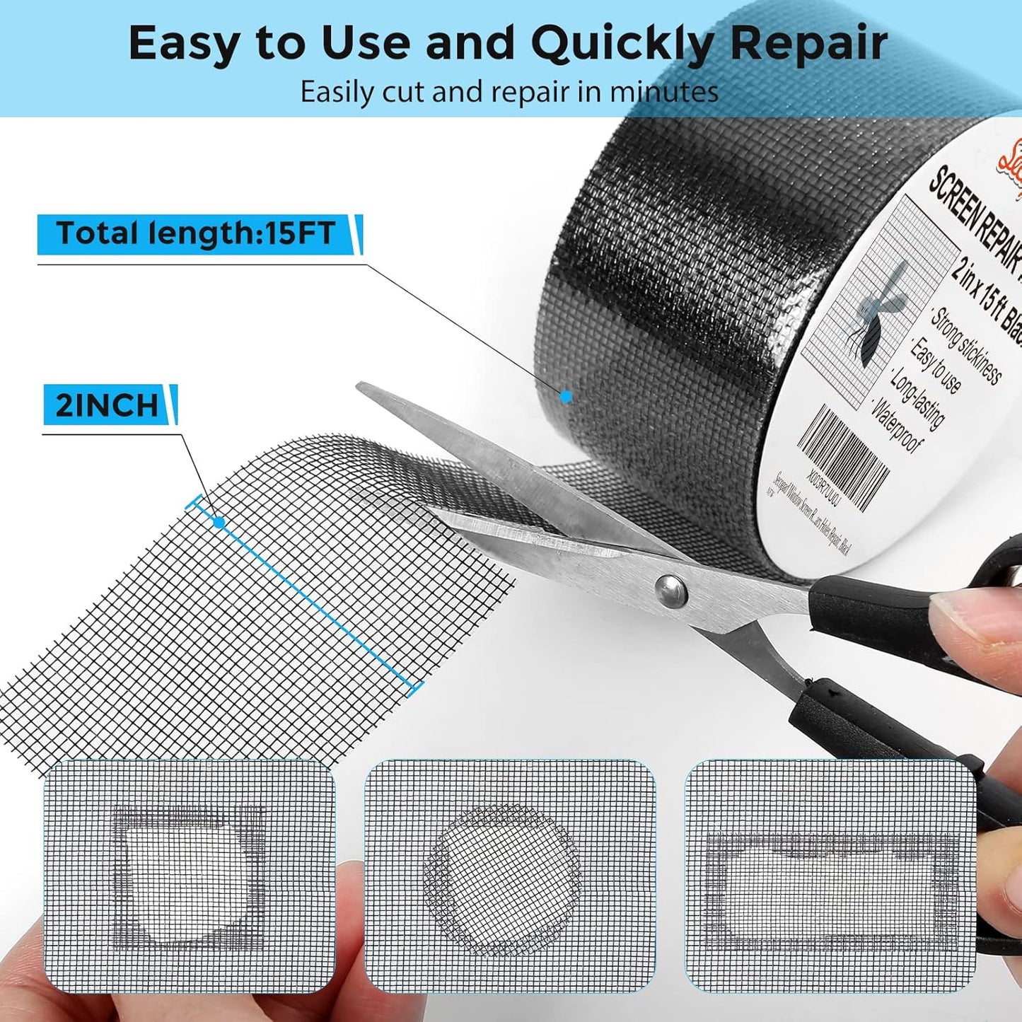 Black Window Screen Repair Tape, 2 in X 15 FT (180IN) Screen Repair Kit for Windows or Doors, Strong Adhesive Screen Patch Fiberglass Screen Tape Mesh Repair