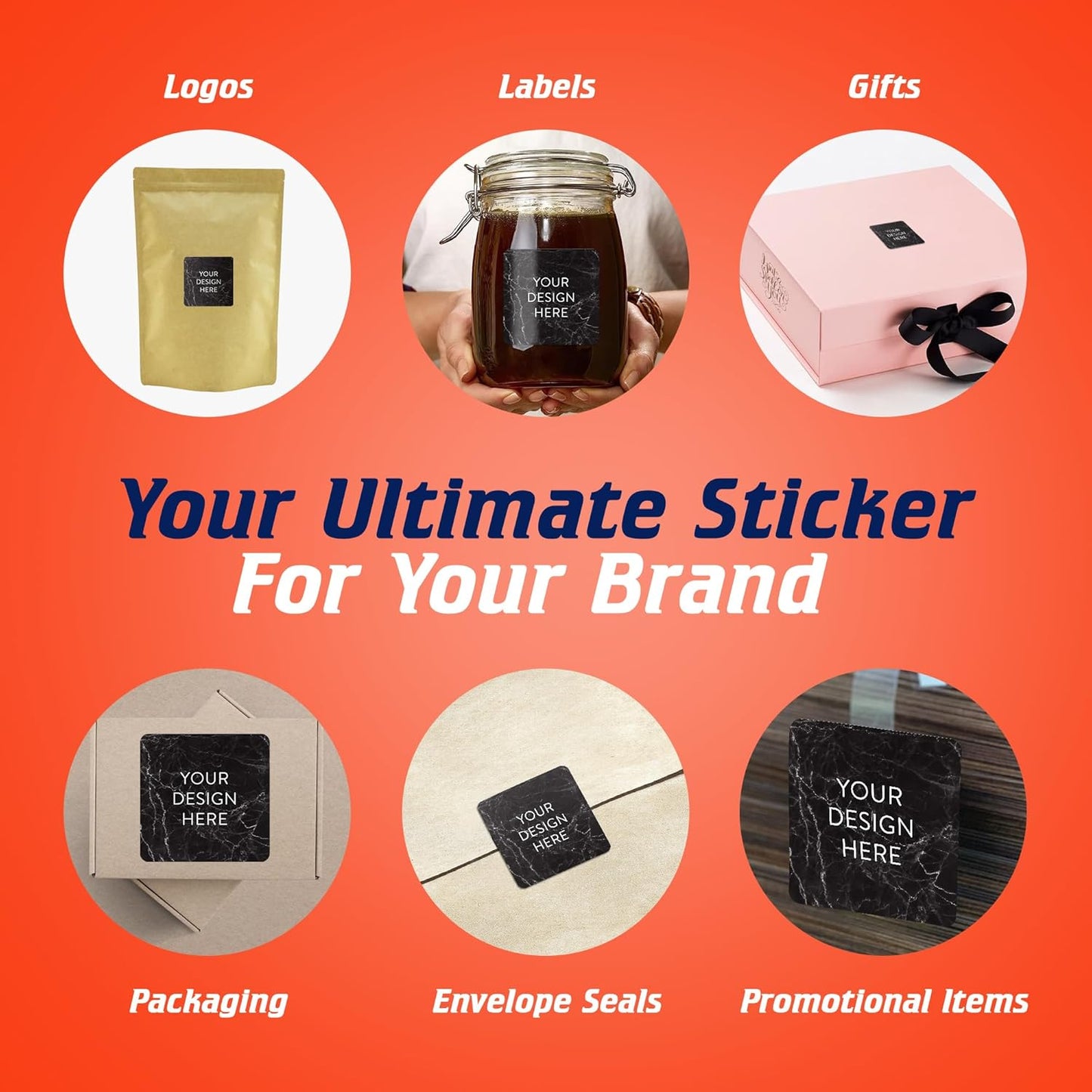 100 Custom Vinyl Stickers - Upload Your own Image, Text, Design, Logo - Personalized Logo Labels for Handmade, Packaging, Bottle, Jars, Candle, Brand Stickers (Black Marble, 1.5x1.5 Square)