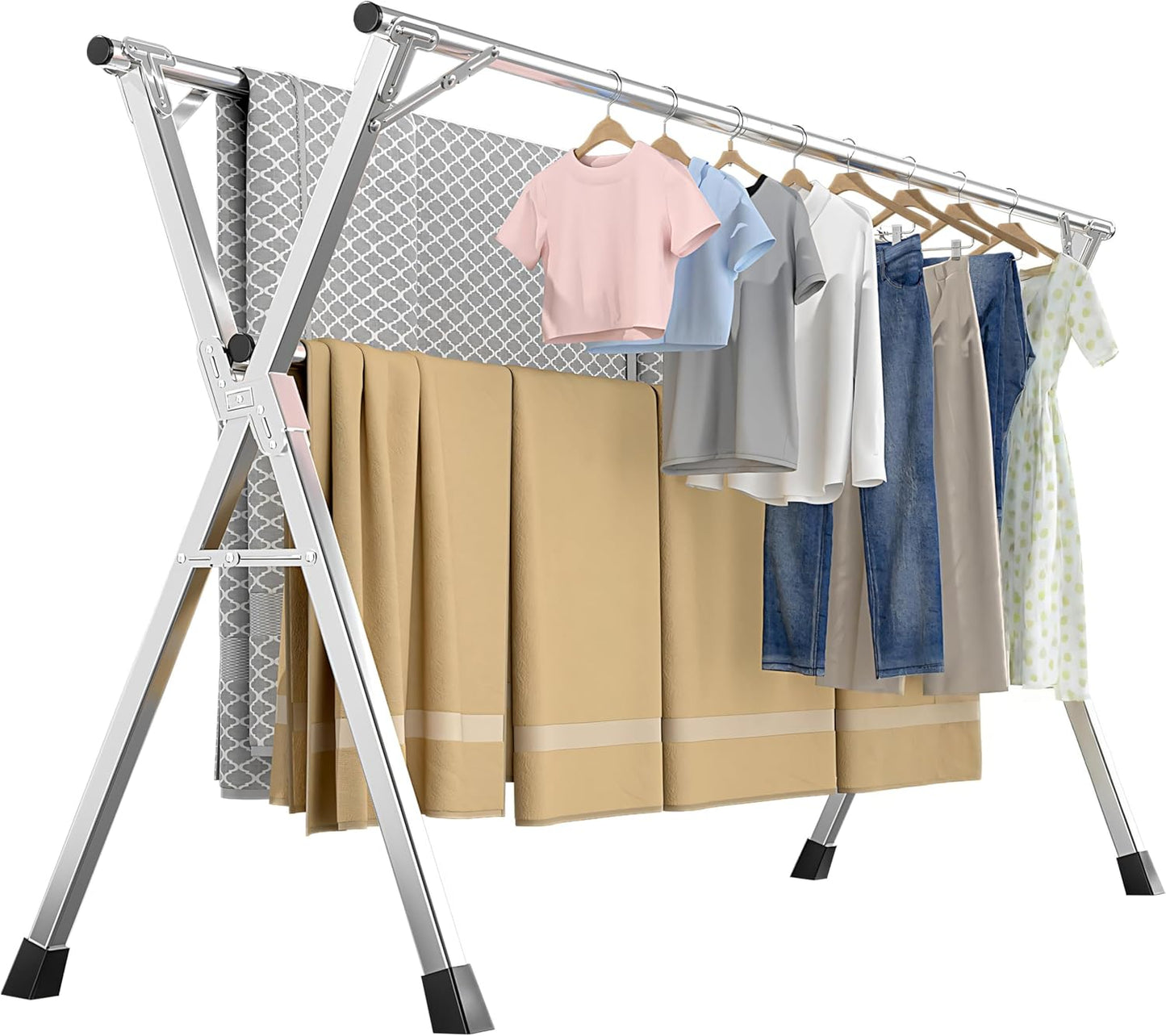 63 Inches Heavy - Duty Stainless Steel Folding Clothes Drying Rack - Indoor/Outdoor Use, Anti-Rust, 20 Windproof Hooks, Portable & Foldable (63'')