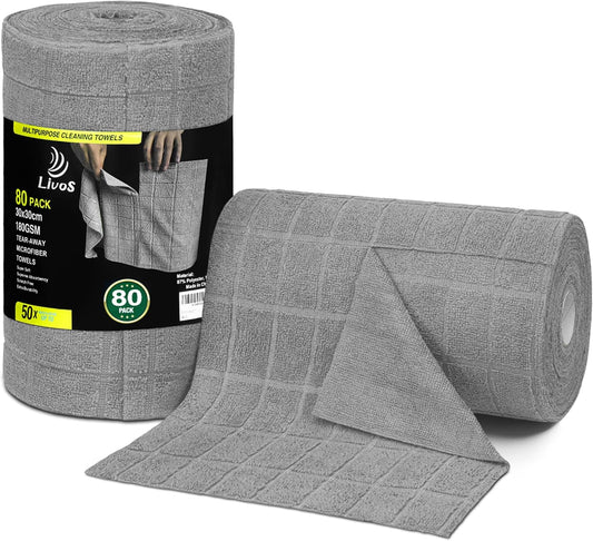 LIVOS Microfiber Cleaning Cloth Roll - 80 Pack, Reusable Paper Towels, Microfiber Towels for Cars, Super Absorbent Lint Free Cleaning Rags for House, Kitchen, Window-Check Grey, 11.5"x11.5"