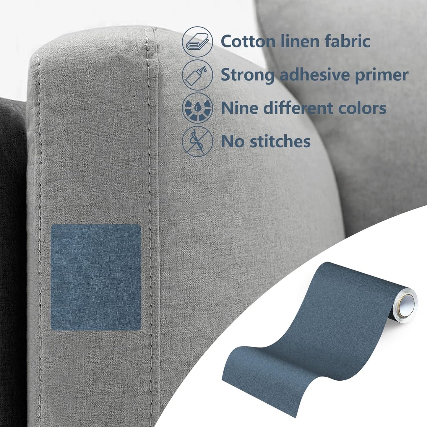 Fabric Repair Patches, Linen Repair Tape Self-Adhesive Fabric Patches Durable, DIY Large Linen Tape for Sofa, Couches, Furniture, Chair, Clothing （3.5X79 Inch, Blue Grey）