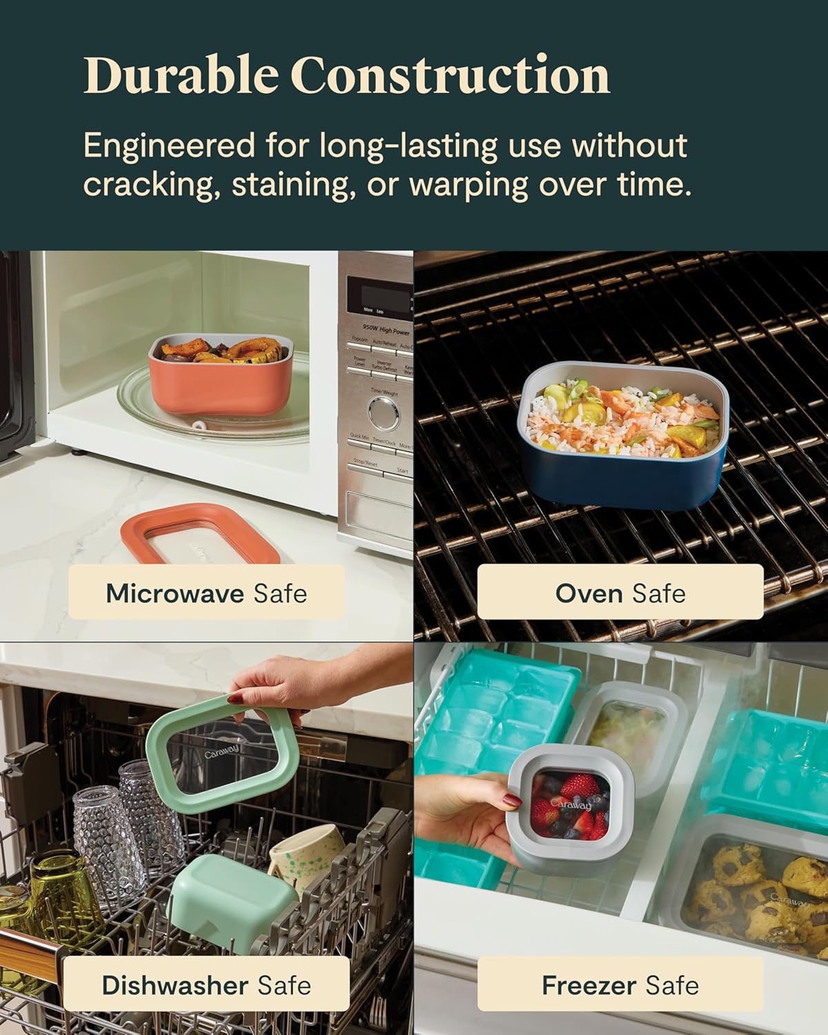 Caraway 2pc Glass Food Storage Set - 1.75 Cup Food Containers (2) - Non-Toxic Ceramic-Coated Glass - Air Release Technology - Compact & Stackable Design - Gray