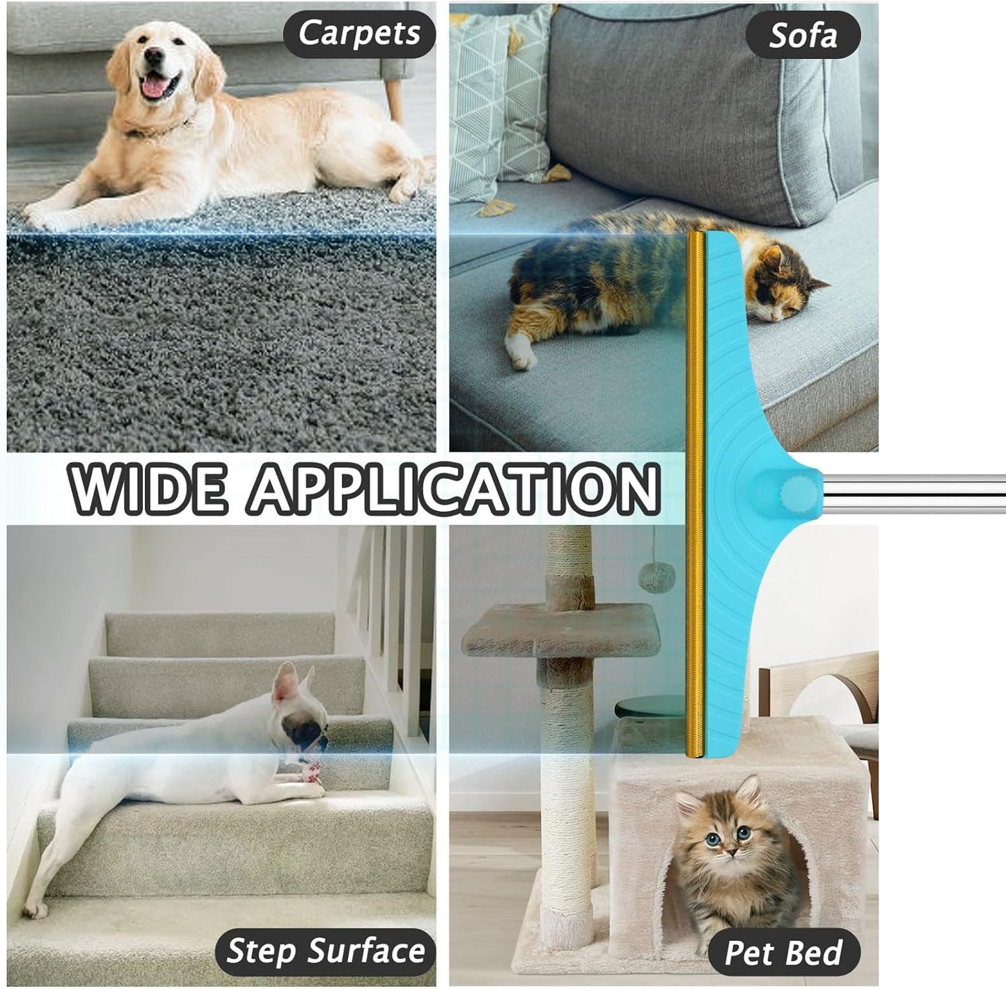 Carpet Rake for Pet Hair Removal - Reusable Pet Hair Remover, 60” Adjustable Long Handle Cat Dog Carpet Rake Scraper with Patented Design, Dog Hair Rake Brush for Rugs, Mats