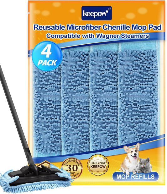 KEEPOW Microfiber Steam Mop Pad Compatible with Wagner Steamer 905e, 915e and 925e Microfiber Pads, Machine Washable Reusable Microfiber Chenille Replacement Pads, 4 Pack (Mop is Not Included)