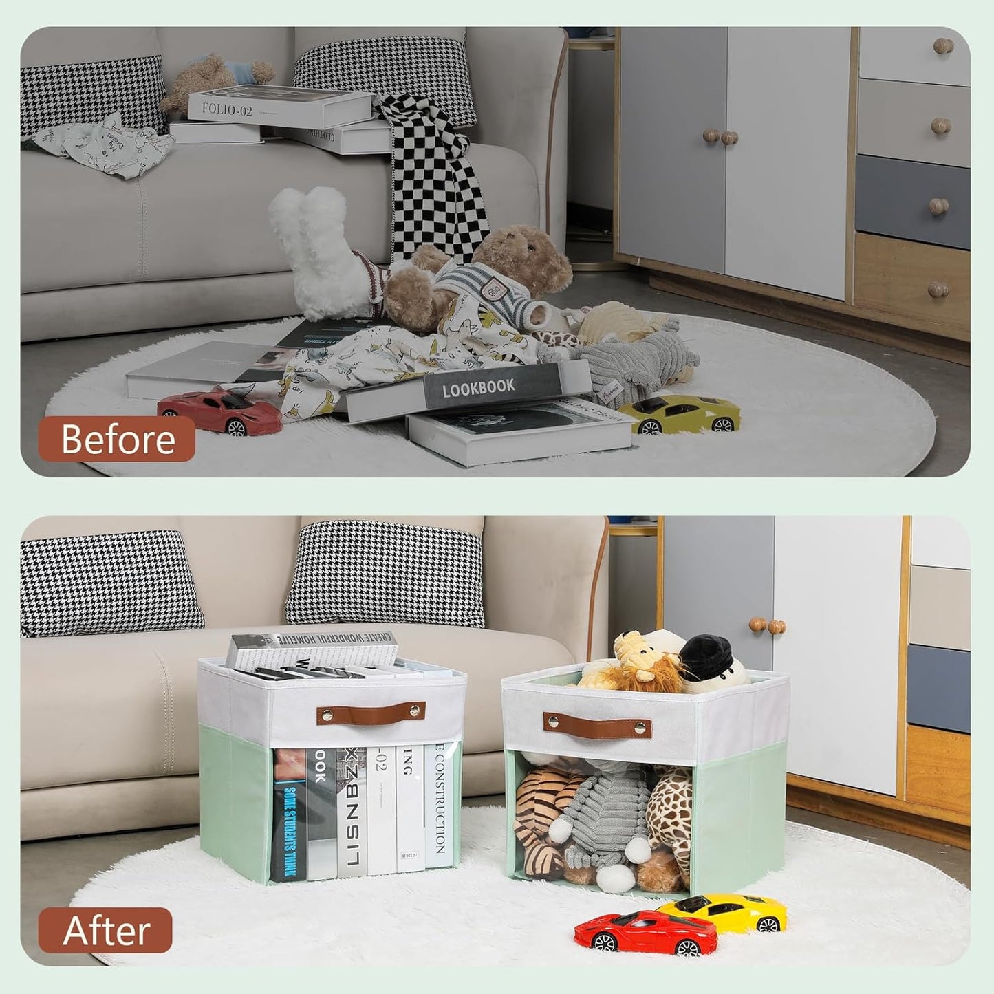 HNZIGE Clear Storage Cubes Bins 11 x 11, Fabric Storage Cube Bins for Storage Organizer,Shelf Storage Bin for Organizing, Cubby Foldable Cube Organizer Bin for Storage Blanket Home(White Green 6PCS)