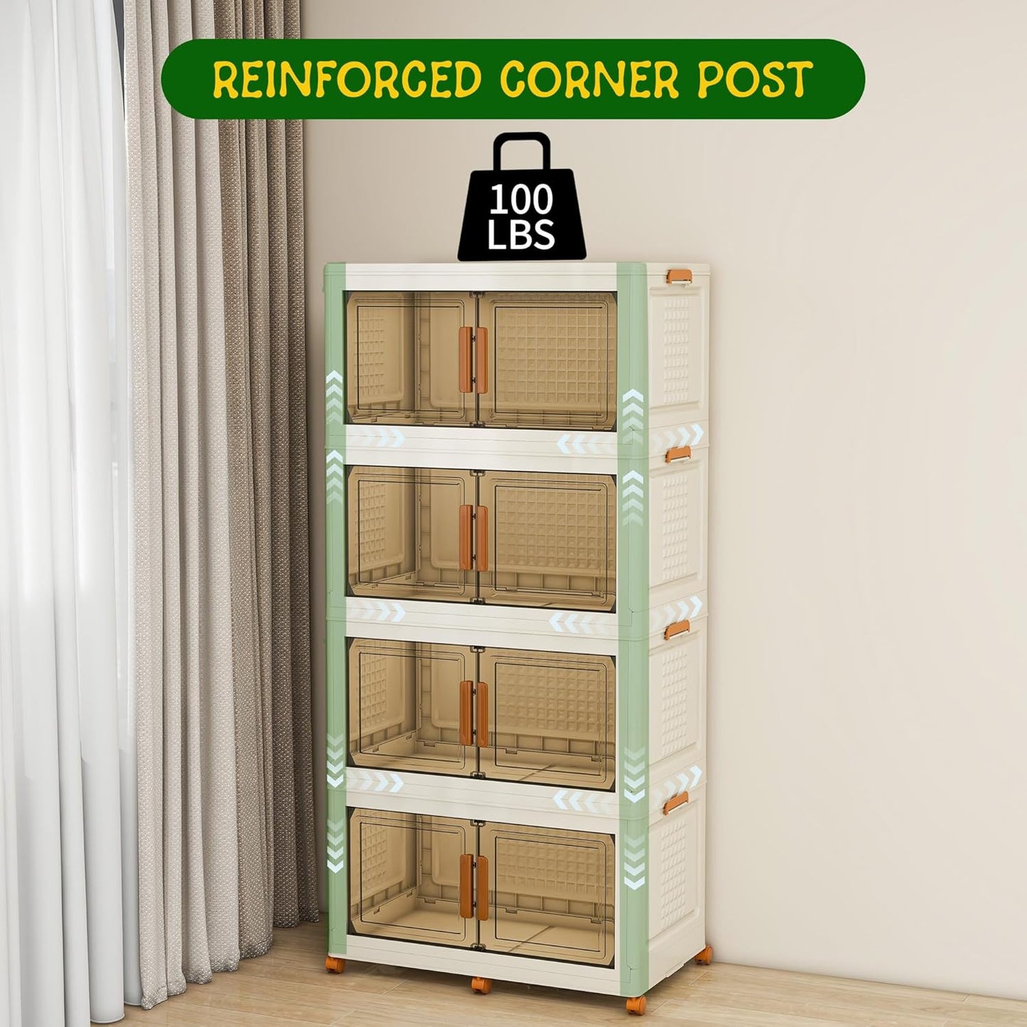 4 Tier Extra Large Stackable Storage Bins with 1 Lid 155 QT/Tier, Collapsible Plastic Box Storage Bin with Wheels, Home Containers Boxes Closet Organizers for Living Room, Office, Dorm