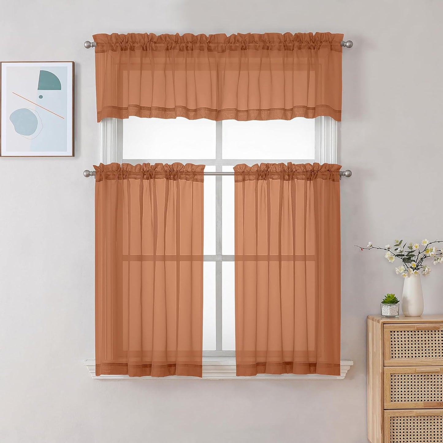 Chyhomenyc Orange Sheer Curtains 30 inch Length 2 Panels, Light Filtering Voile Rod Pocket Short Window Curtians for Bathroom Living Room Farmhouse Small Windows, 42Wx30L inches