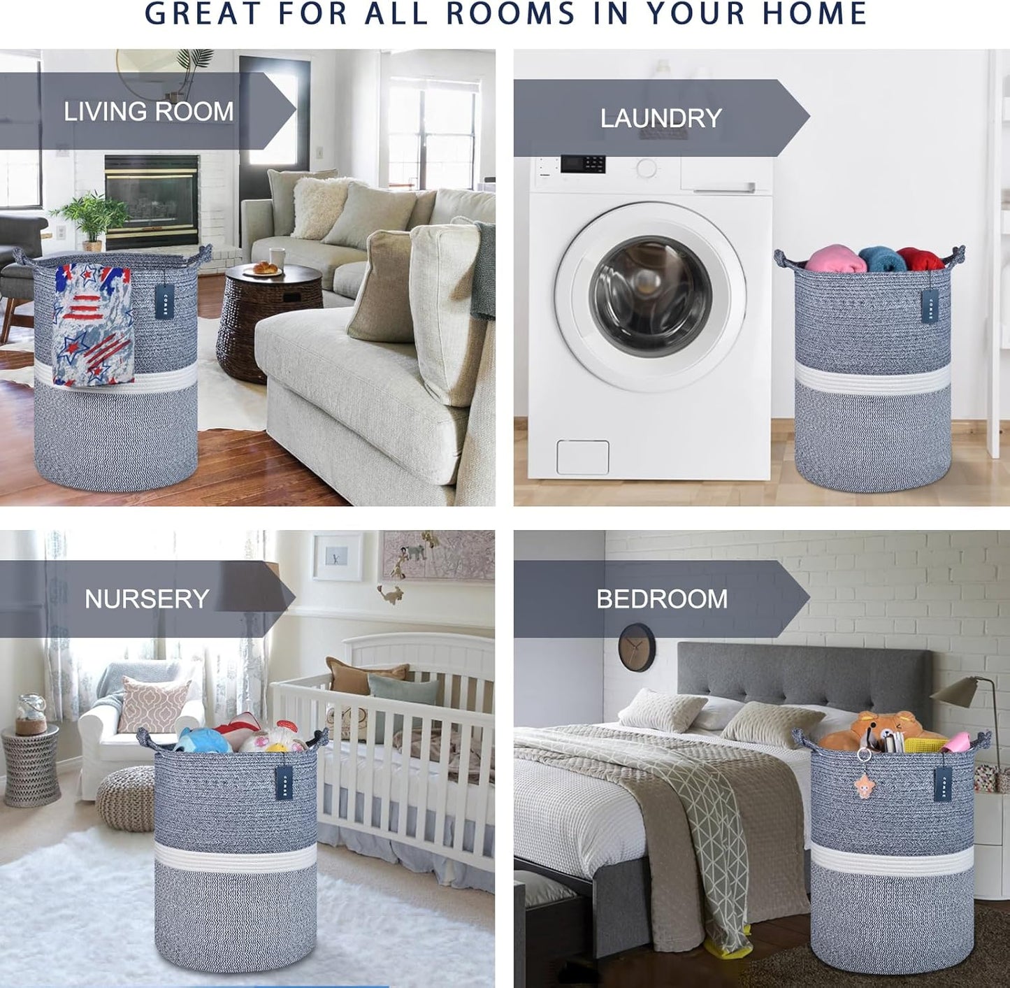 COMSE Extra Large Blanket Basket, Tall Woven Storage Basket, Nursery Hamper, 15.7”x 21.7”, Cotton Rope Laundry Hamper for Toys Clothes Towels, Blend Navy Blue/White