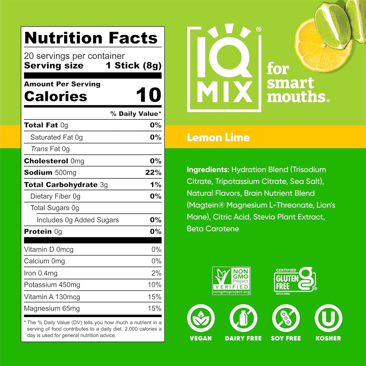 IQMIX Hydration Electrolyte Powder – 4-in-1 Formula for Hydration, Mental Clarity, Mood and Recovery – Sugar-Free Drink Mix, Keto, Magnesium L-Threonate, Lion’s Mane – 20 Count Lemon Lime