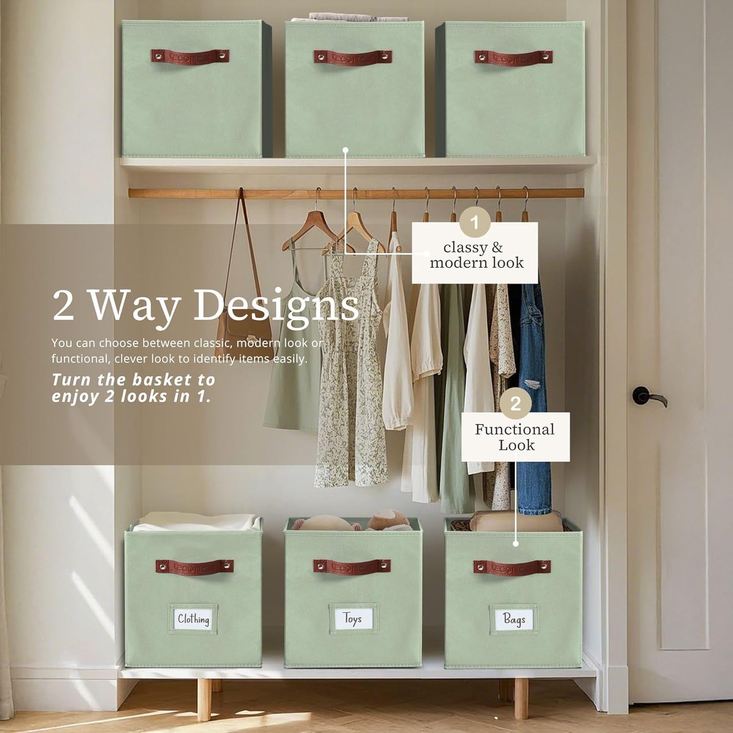 DECOMOMO Storage Bins, Cube Storage Bin with Labels, Fabric Storage Cubes for Shelves (10.5" x 11" / 6pcs, Sage Green)