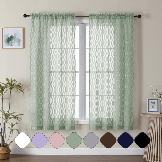 Aiyufeng Sheer Curtains 63 Inch Length 2 Panels Set, Solid Green Airy Light Filtering Voile Curtains Window Treatments for Bedroom Living Room, Modern Wavy Line Textured Curtains, 40" WX63 L Inches