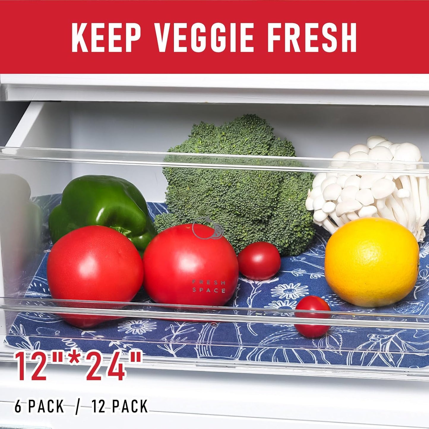 Cooyes 2 in 1 Shelf Liner for Refrigerator, 6 Pack, 12“ × 24”, Fridge Drawer & Shelf Liners for Kitchen Cabinets Non-Adhesive, Breathable Cloth Material, Keep Produce Fresh Longer