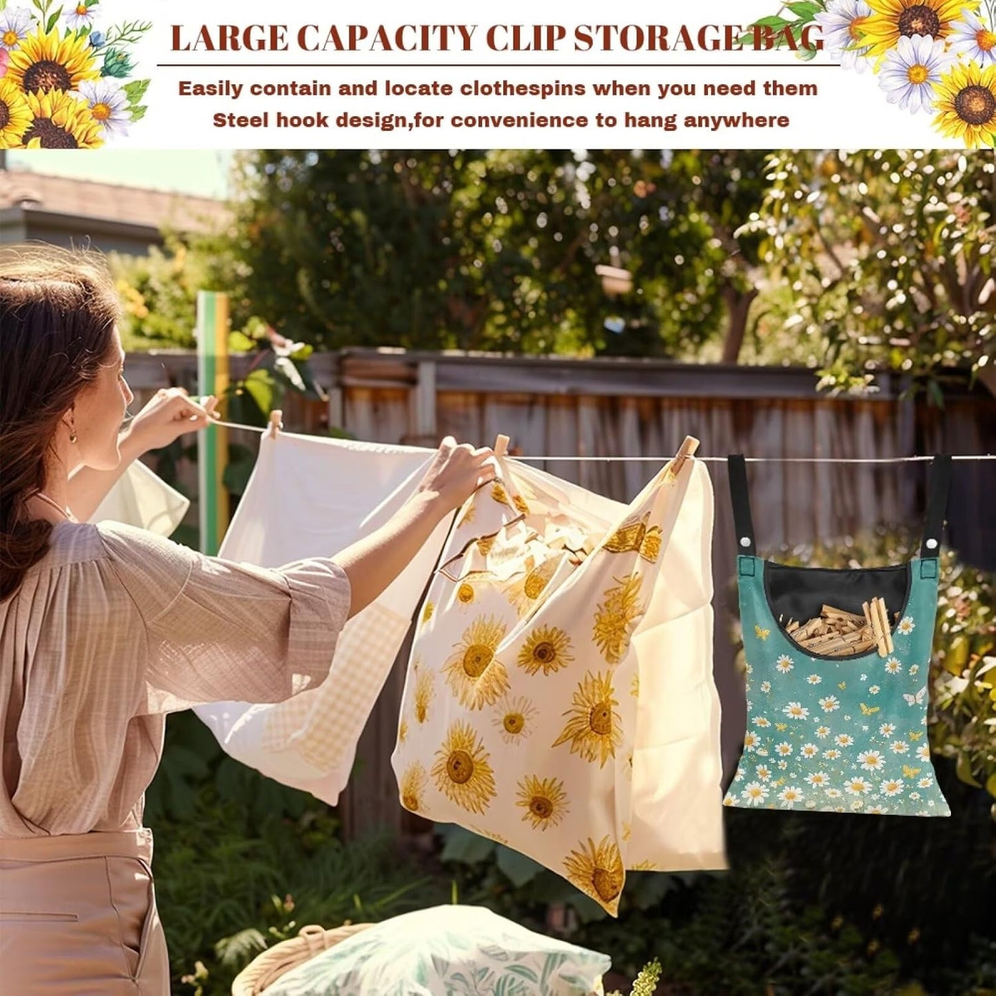 Clothespin Bag for Clothes Pin Holder for Outside and Clothes Line Pins, Clothes Pin Hanging Bag Fits Outdoor Laundry Clothesline - Daisy Pattern