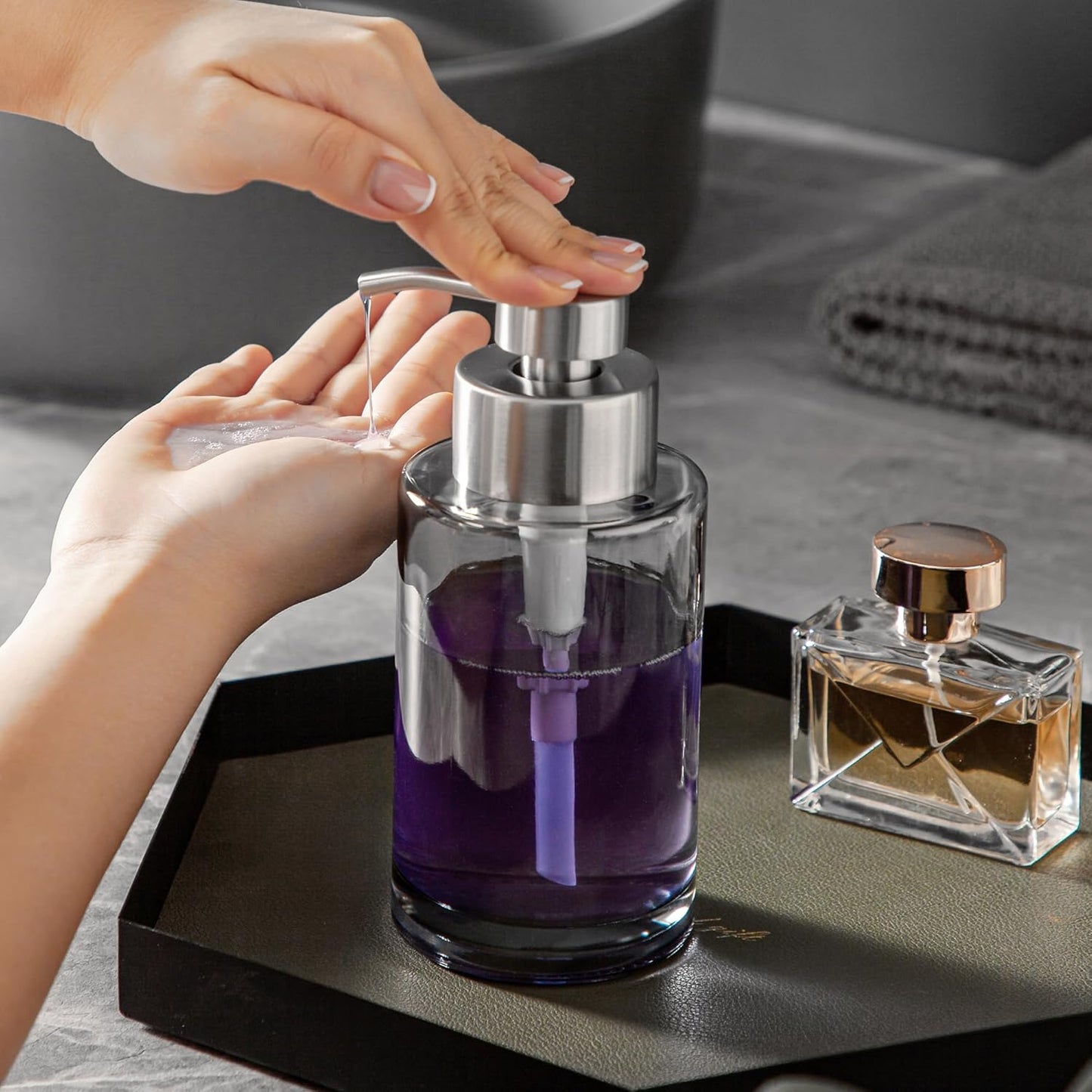 Enra Thick Glass Soap Dispenser with Stainless Steel Pump, 12oz Bathroom & Kitchen (Silver)