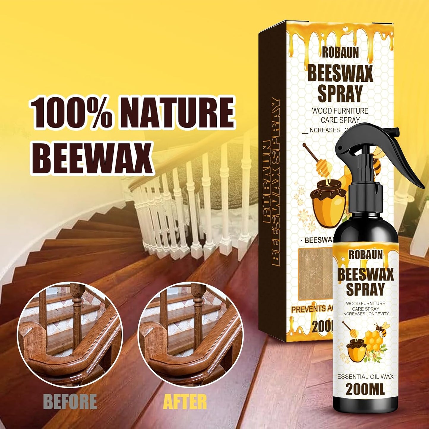 Beeswax Spray Furniture Polish, Wood Cleaner, Wood Floor Polish - For Living Room, Kitchen and Wooden Furniture Floors (Pack of 2) 200 ml