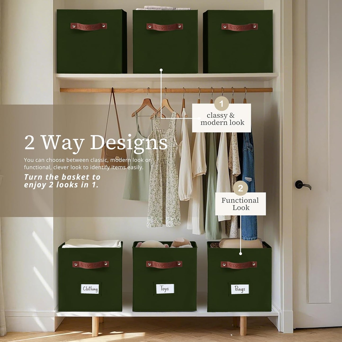 DECOMOMO Storage Bins, Cube Storage Bin with Labels, Fabric Storage Cubes for Shelves (10.5" x 11" / 6pcs, Olive Green)