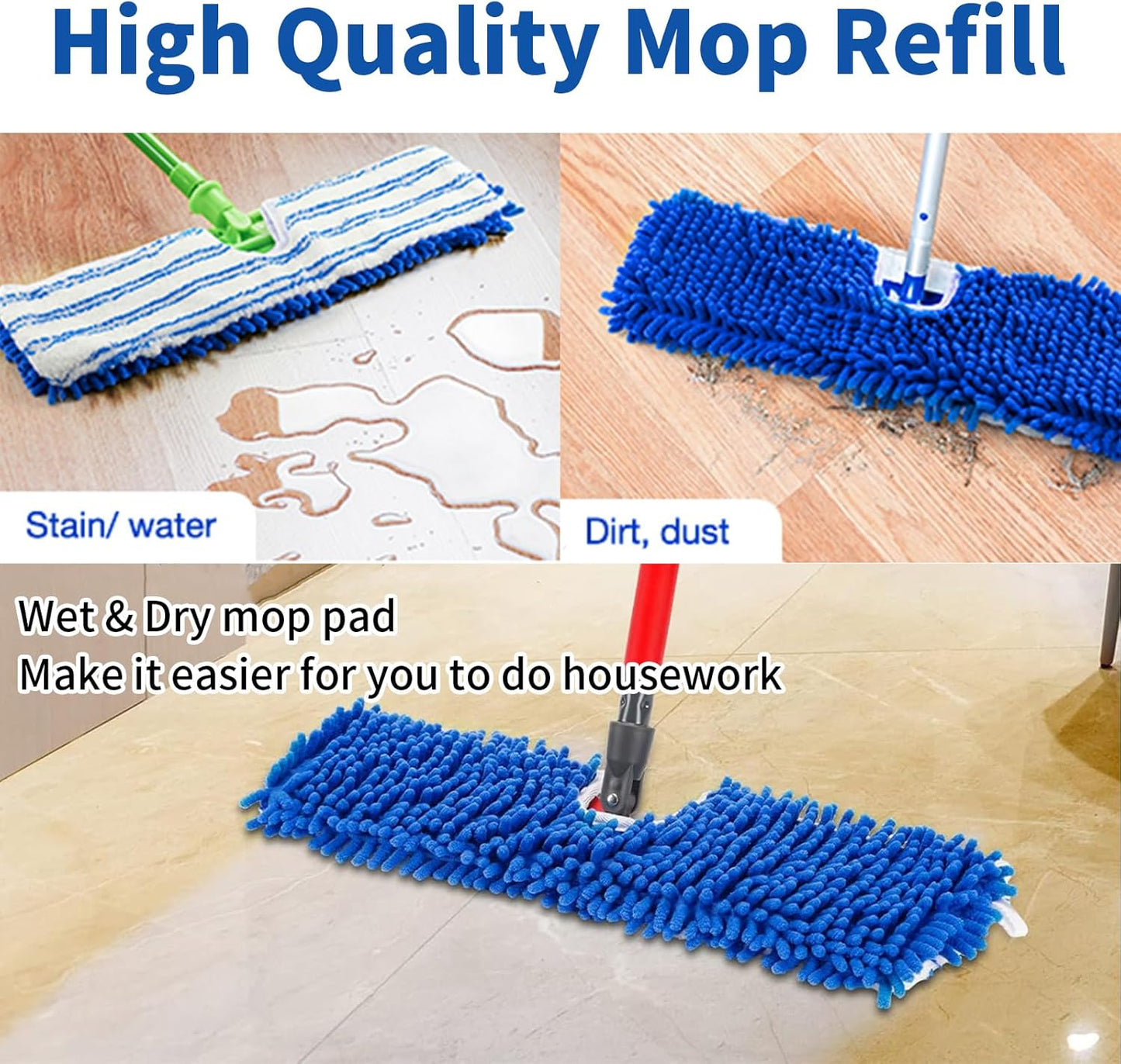 2 Pack Flip Mop Refills Compatible with O Cedar Mop, Flat Dust Mop Head Replacement for Dry & Wet Use, Chenille + Microfiber Mop Cover Pad for Deeper Cleaning, Double Sided Use for Hardwood Floor