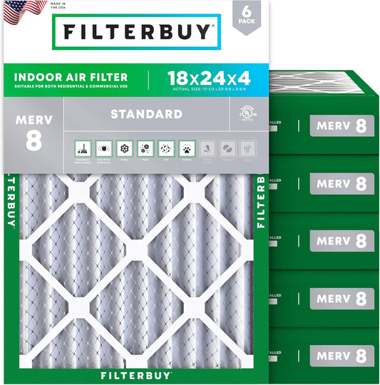 Filterbuy 18x24x4 Air Filter MERV 8 (MPR 700) Dust Defense Replacement (6-Pack), Electrostatic Pleated HVAC AC Furnace Filters, Made in USA (Actual Size: 17.50 x 23.38 x 3.63)