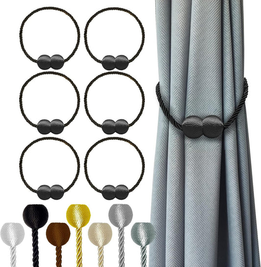 Hion Magnetic Curtain Tiebacks Black 6 Pack, Curtain Tiebacks Buckles Holdbacks Holders Hooks Clip for Home Bedroom Office Decorative Thick or Thin Curtain