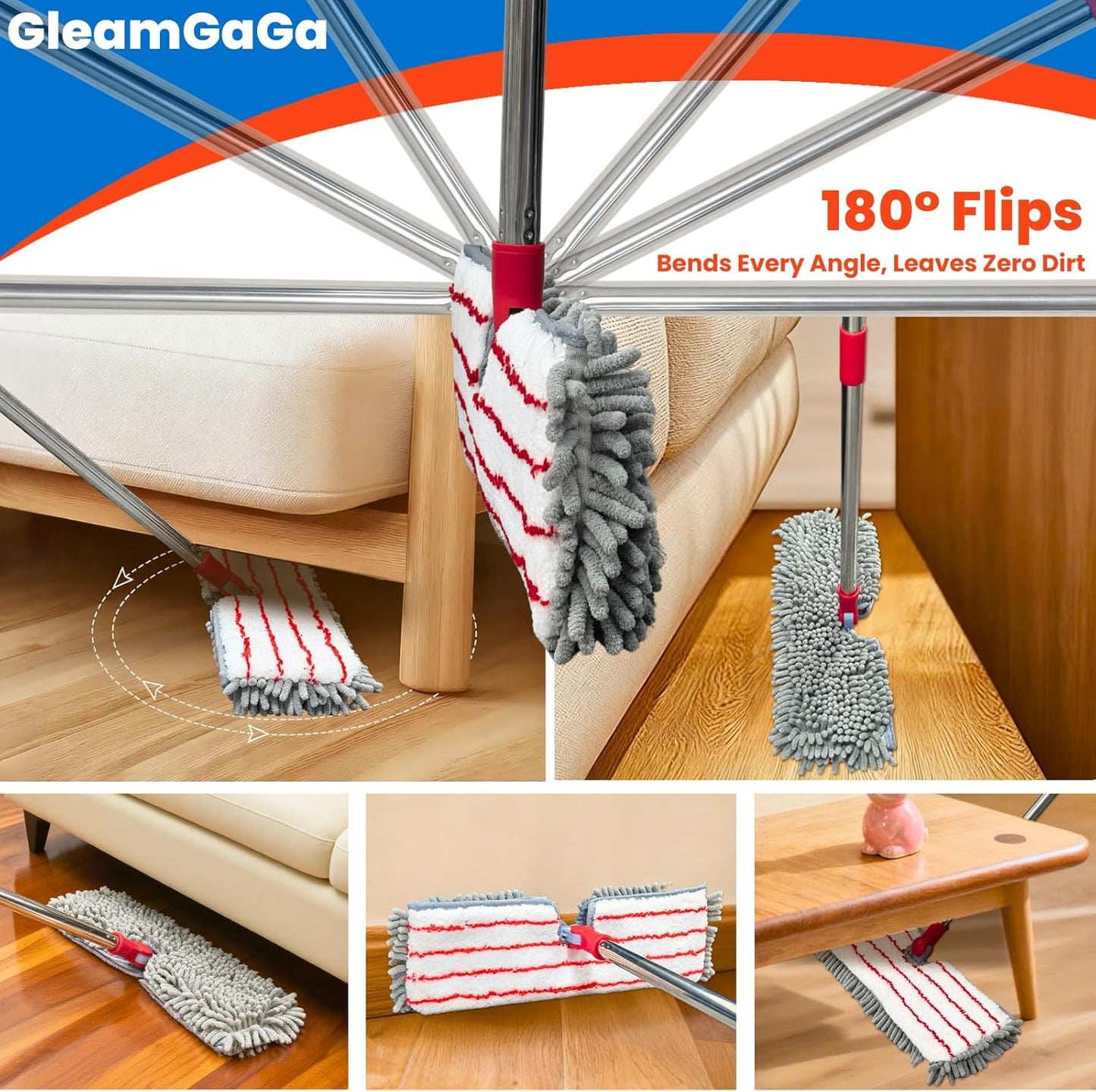 Microfiber Mops for Floor Cleaning, Flat Dust Mop with 4 Washable Pads, Dual-Sided Flip Mop for Wet & Dry Use, Extendable 62’’ Handle with Scraper, Floor Mops for Hardwood,Laminate,Vinyl,Kitchen,Tile