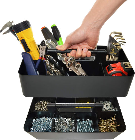 2 PACK - Portable DIY 8 Dividers Durable Plastic Tote Tool & Supply Cleaning Caddy with Handle Made In USA (Black)