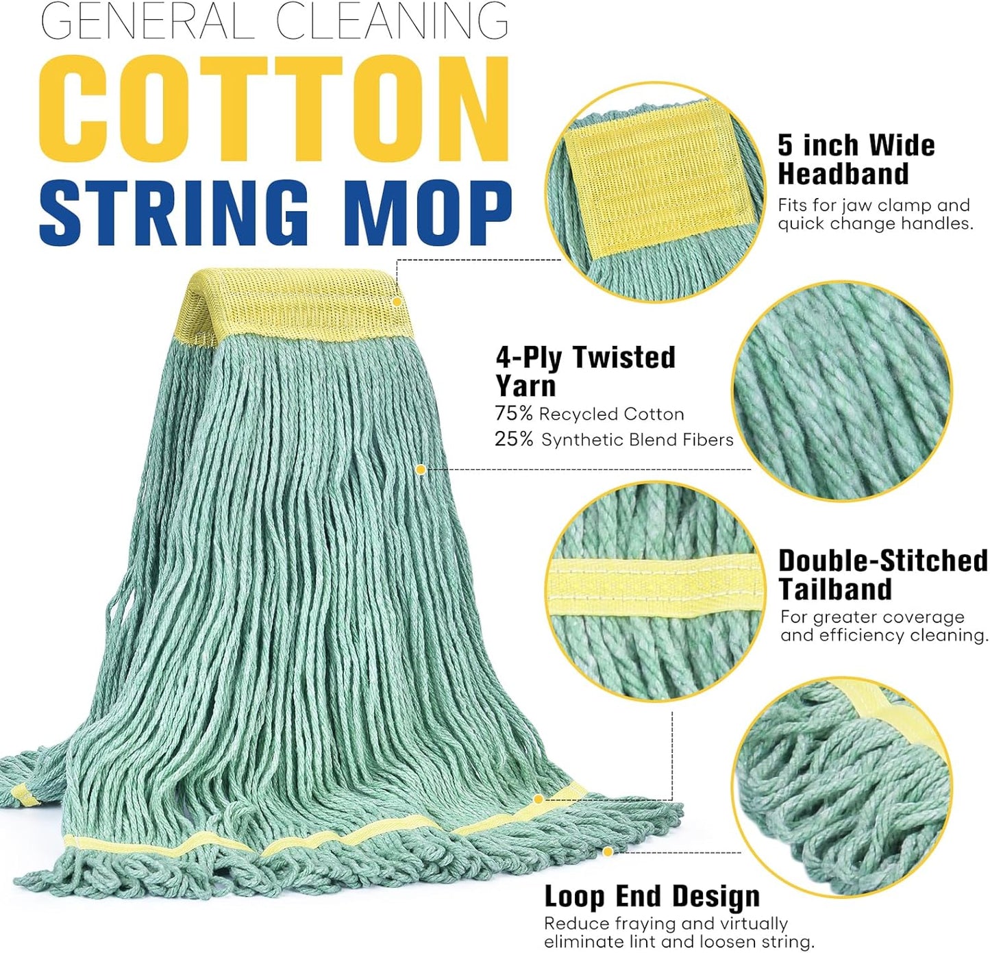 Matthew Cleaning Commercial Mop Head Replacement, 5 Inch Wide Headband, Looped End Cotton Blend String Wet Mops for Floor Cleaning, 24 oz Large, Case Pack 12 Pcs Green