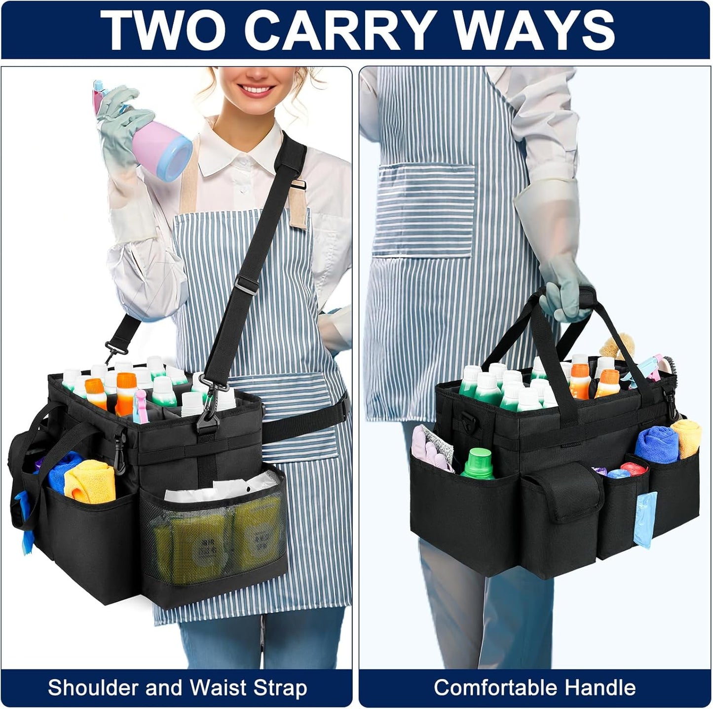 Cleaning Caddy Bag,Large Cleaning Supplies Organizer with Handle for Housekeepers, Black