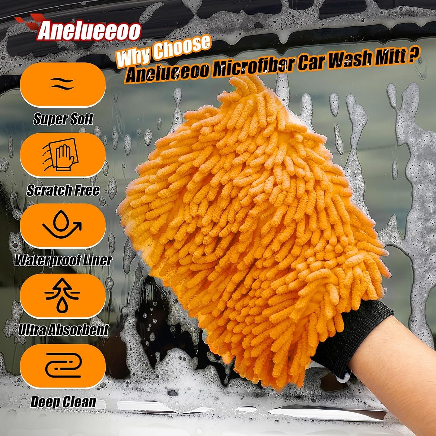 4 Pack Car Wash Mitt Microfiber, Premium Chenille Microfiber Wash Car Mitts Sponge Scratch Free & Lint-Free, Mitts Waterproof Lining Orange (8''X12'')